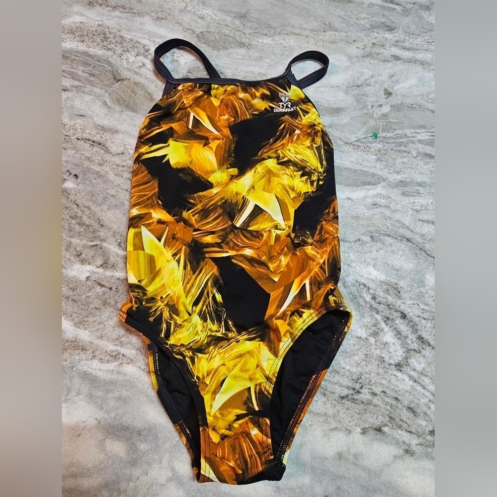 TYR Durafast One-Piece Swimsuit Yellow Abstract Print Crisscros Size 30 S 4/6